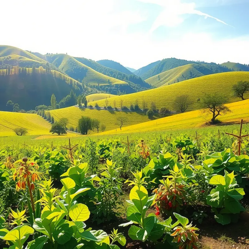 A vibrant organic orchard filled with fresh vegetables and fruits basking in sunlight.