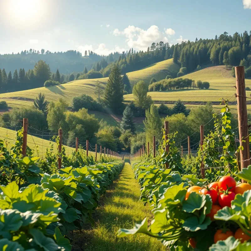 A picturesque scene depicting a sunlit organic field filled with fresh produce.