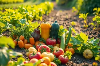 Photorealistic landscape showcasing a sunlit field filled with an abundance of organic fruits and vegetables.