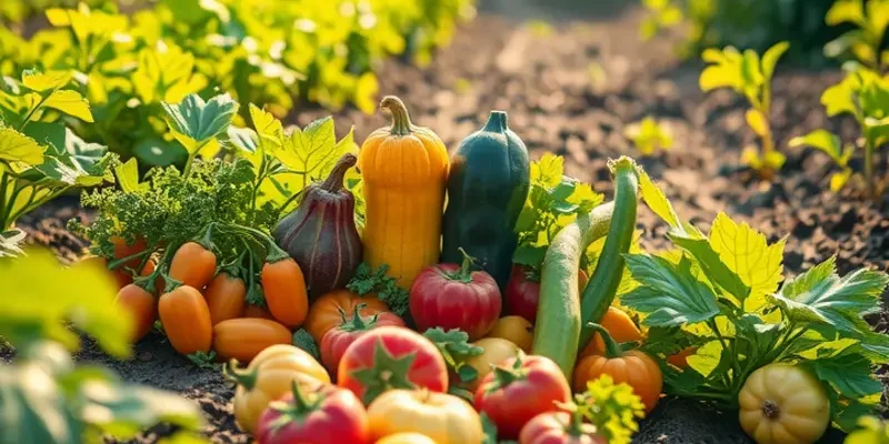 Photorealistic landscape showcasing a sunlit field filled with an abundance of organic fruits and vegetables.