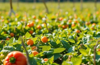 A beautiful natural scene filled with colorful vegetables and fruits growing in a sunlit, lush environment.