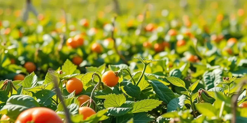 A beautiful natural scene filled with colorful vegetables and fruits growing in a sunlit, lush environment.