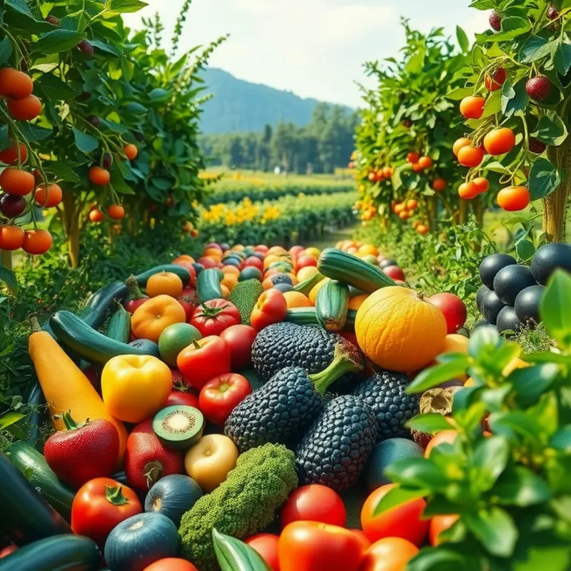 A vibrant sunlit field showing an abundance of organic produce.