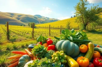 A beautiful sunlit landscape with lush greenery and vibrant fruits and vegetables.