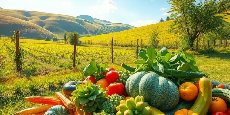 A beautiful sunlit landscape with lush greenery and vibrant fruits and vegetables.