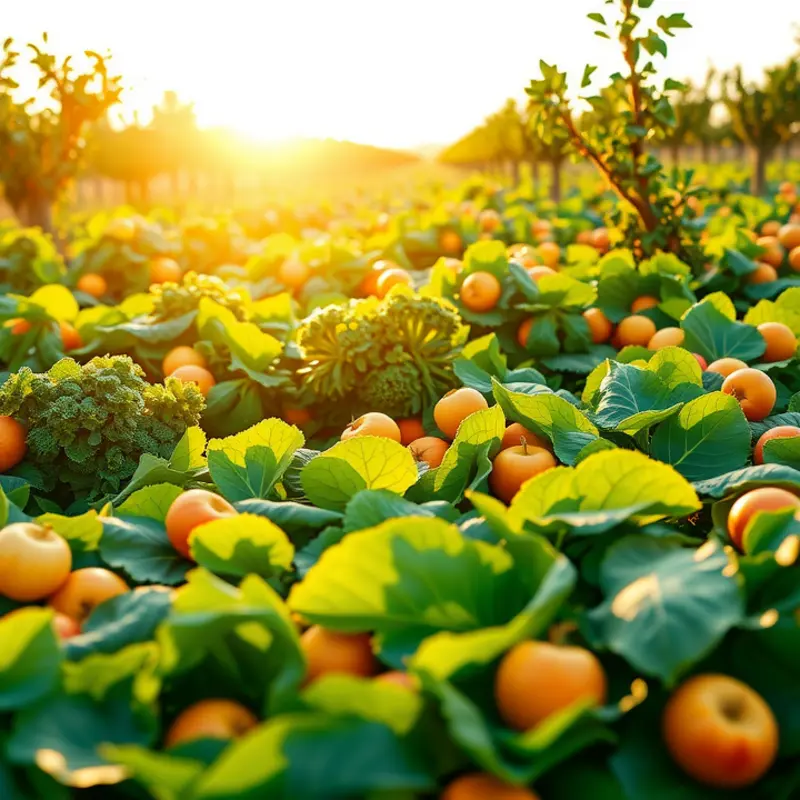 A sunlit field showcasing vibrant vegetables and fruits, symbolizing freshness.