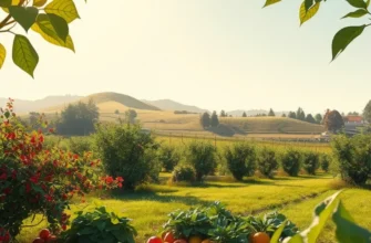 A vibrant landscape filled with ripe fruits and vegetables in a lush, sunlit field.