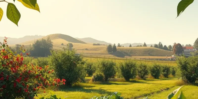 A vibrant landscape filled with ripe fruits and vegetables in a lush, sunlit field.