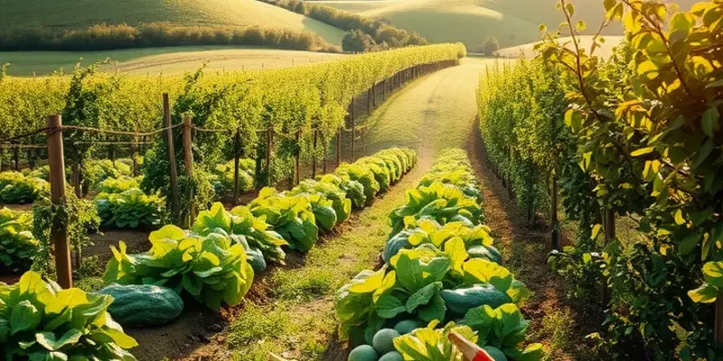 A vibrant, photorealistic landscape of a field filled with fresh vegetables.