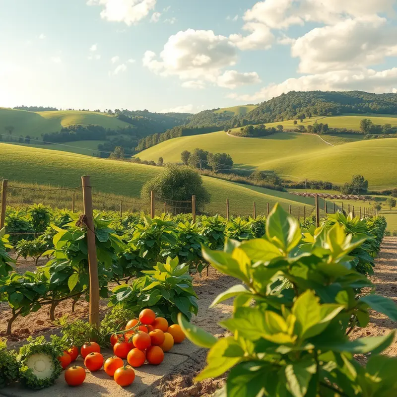 A vibrant orchard teeming with fresh vegetables and fruits, showcasing the richness of a natural harvest.