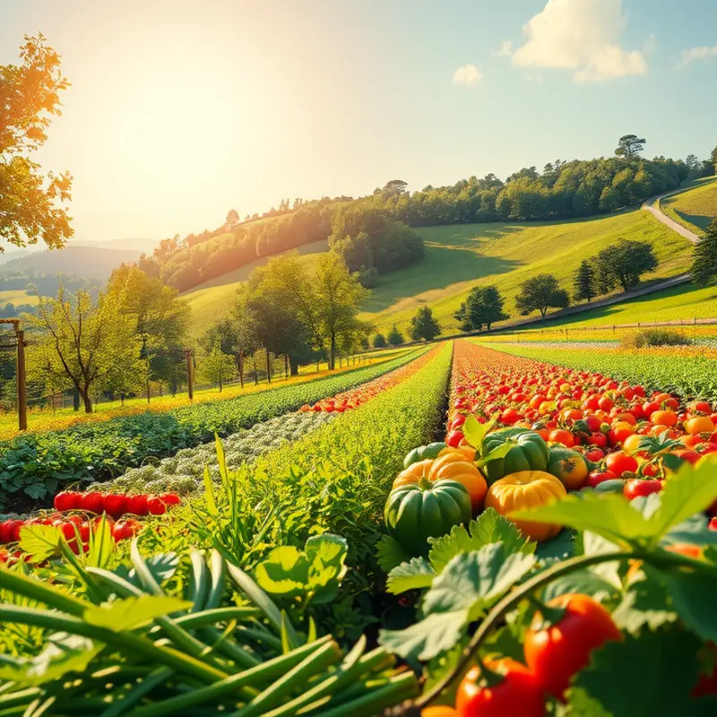 A vibrant sunlit field showcasing the abundance of organic produce.
