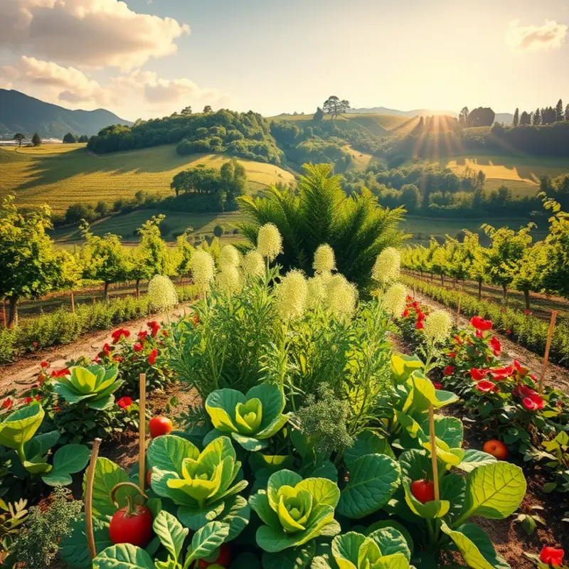A serene landscape with abundant nut trees and vibrant crops.