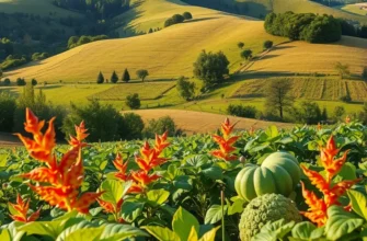A sunlit field showcasing a variety of organic produce among gentle hills.