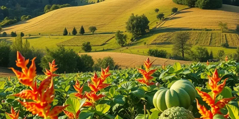 A sunlit field showcasing a variety of organic produce among gentle hills.