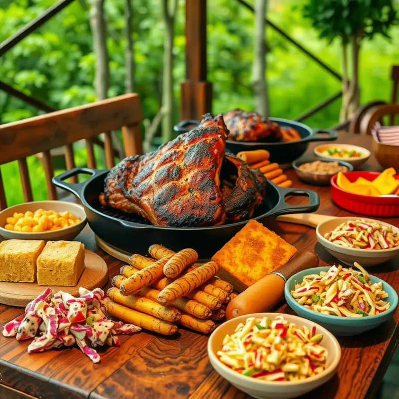 A vibrant display of American barbecue delights under a sunny sky.