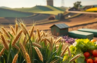 Photorealistic landscape of a sunlit field showcasing vibrant vegetables and fruits, portraying the abundance of ancient agricultural traditions.