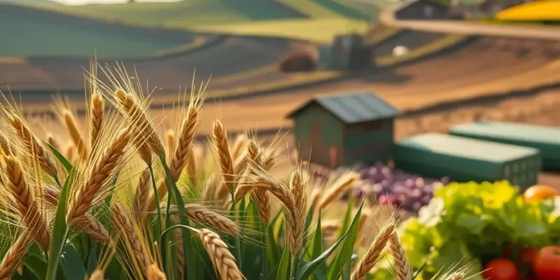 Photorealistic landscape of a sunlit field showcasing vibrant vegetables and fruits, portraying the abundance of ancient agricultural traditions.