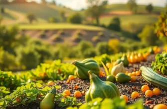 A beautiful scene showing a sunlit field with a variety of organic vegetables and fruits growing naturally.