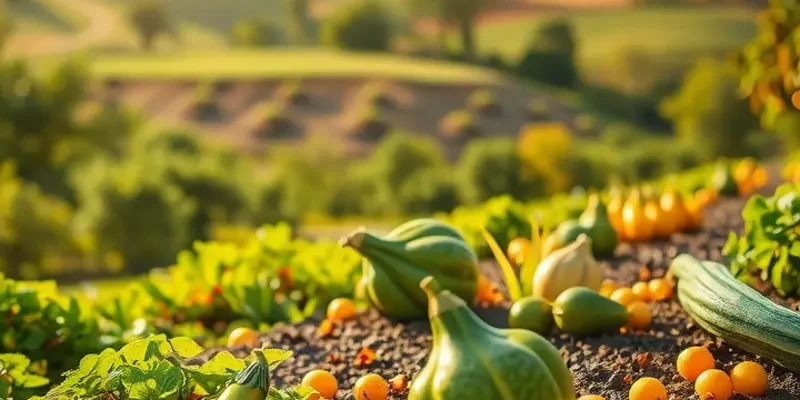 A beautiful scene showing a sunlit field with a variety of organic vegetables and fruits growing naturally.