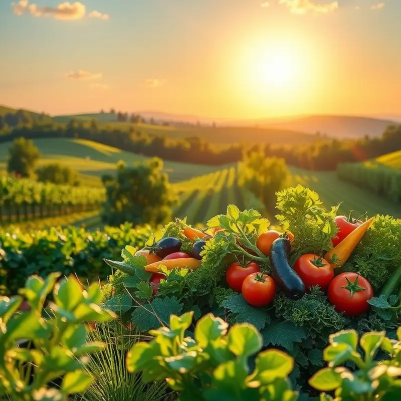 A sunlit field showcasing vibrant vegetables and fruits, symbolizing heart-healthy nutrition.