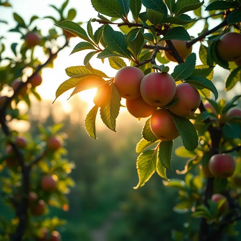 Sunlight filtering through apple trees, showcasing ripe apples ready for harvest.
