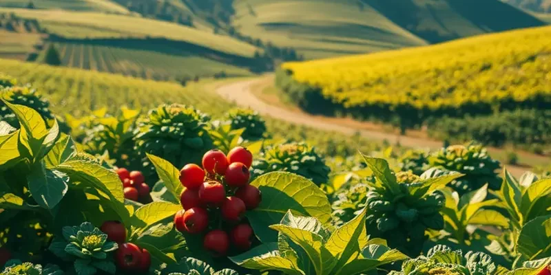 A lush field filled with ripe aronia berries surrounded by vibrant greenery and natural elements.