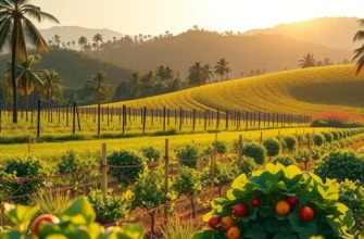 A sunlit landscape filled with a variety of organic fruits and vegetables in a lush environment.
