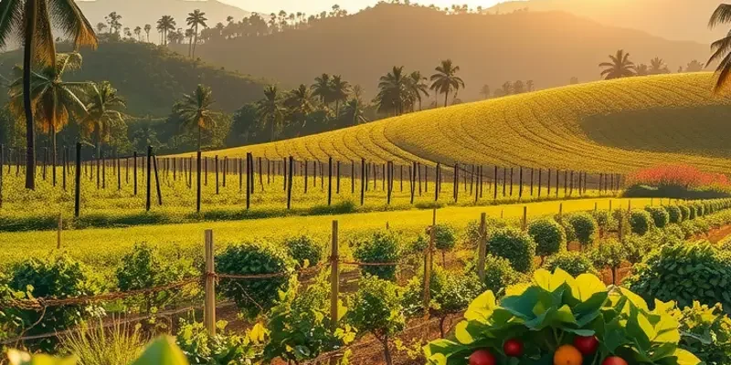A sunlit landscape filled with a variety of organic fruits and vegetables in a lush environment.