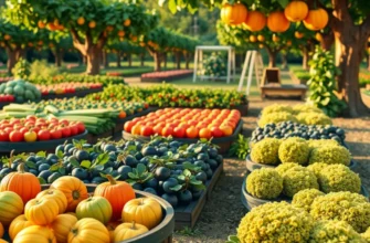 A beautiful landscape featuring abundant fruits and vegetables in a sunlit field.