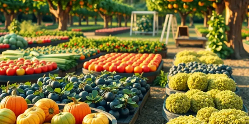 A beautiful landscape featuring abundant fruits and vegetables in a sunlit field.