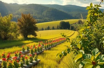 A sunlit landscape featuring organic vegetables and fruits growing in a serene field.