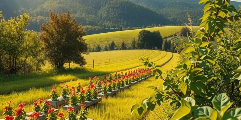 A sunlit landscape featuring organic vegetables and fruits growing in a serene field.