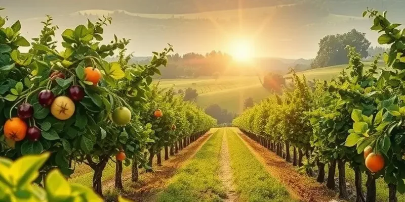 A scenic landscape rich with organic vegetables and fruits, epitomizing healthy living.