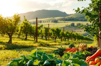 A serene field filled with bright vegetables and fruits amidst a lush, green landscape.