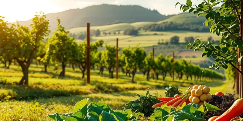 A serene field filled with bright vegetables and fruits amidst a lush, green landscape.