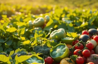 A photorealistic image of a sunlit field filled with organic fruits and vegetables.