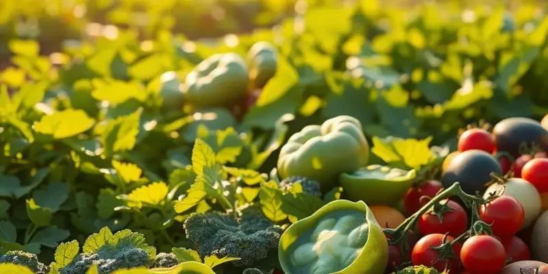 A photorealistic image of a sunlit field filled with organic fruits and vegetables.