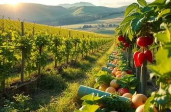 A lush organic landscape with a variety of healthy produce growing under soft sunlight.