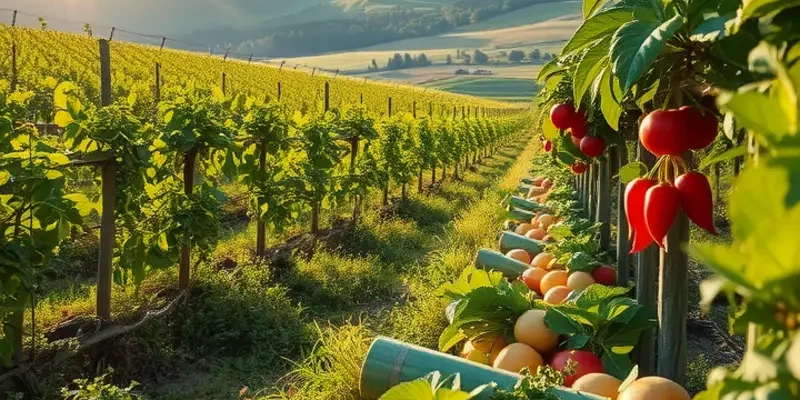 A lush organic landscape with a variety of healthy produce growing under soft sunlight.