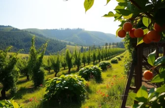 A sunlit orchard filled with colorful fruits and vegetables amidst lush greenery.