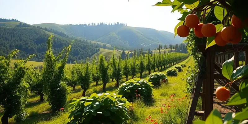 A sunlit orchard filled with colorful fruits and vegetables amidst lush greenery.