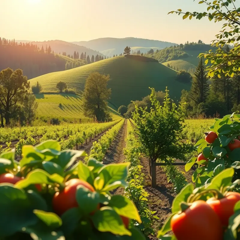 A vibrant landscape displaying lush greenery and abundant organic produce.