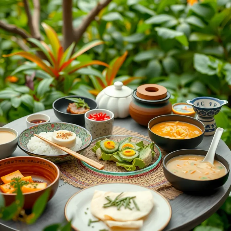 A beautiful showcase of traditional European breakfast items set against a vibrant natural backdrop.