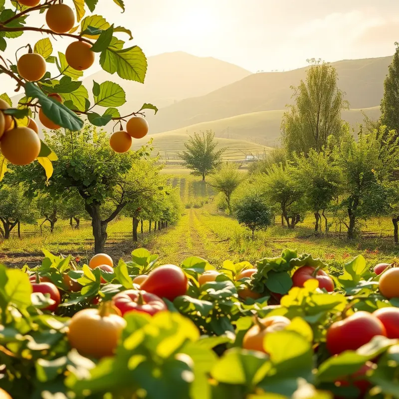 A serene landscape of vibrant fruits and vegetables, symbolizing the rich agricultural traditions behind European confectionery.