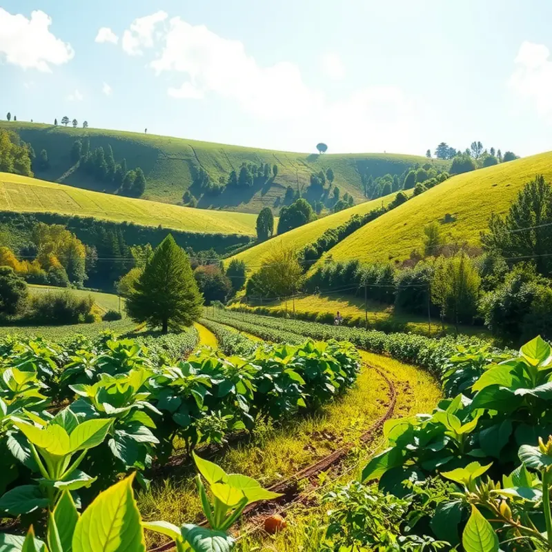 A vibrant sunlit field showcasing the abundance of organic vegetables and fruits.