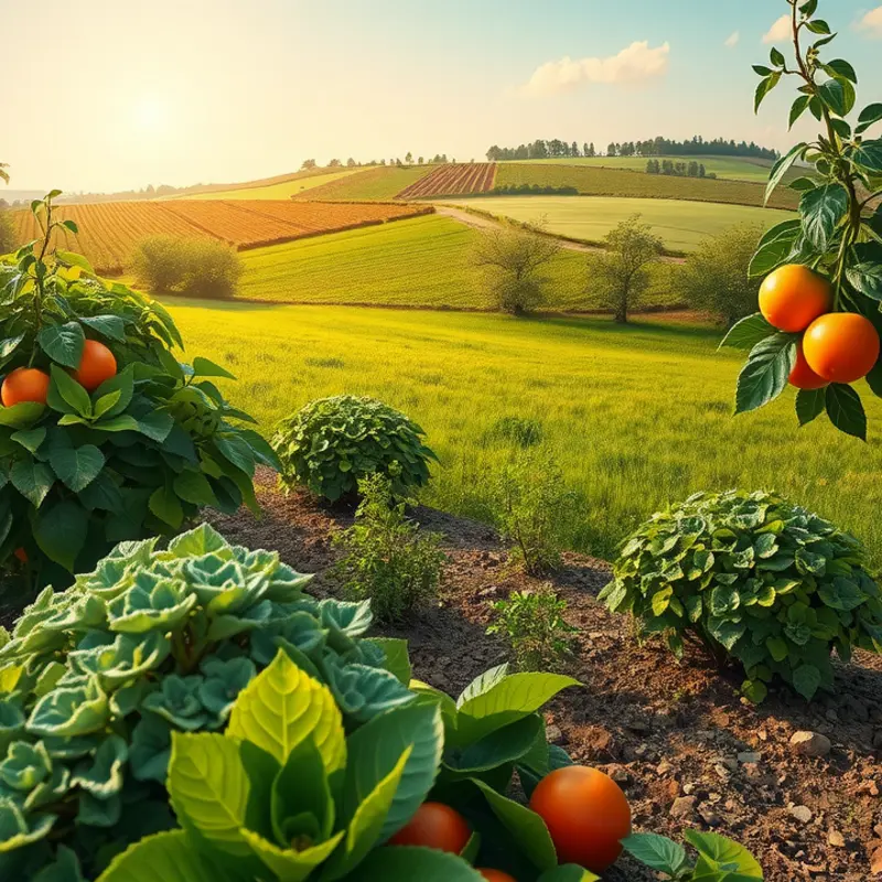 A vibrant sunlit field showcasing the abundance of organic vegetables and fruits.