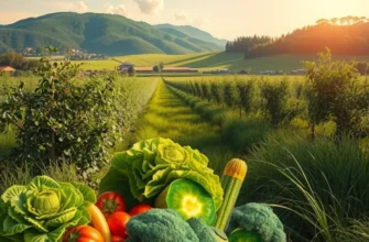 A scenic landscape filled with colorful organic produce in a sunlit field.
