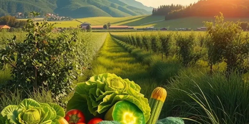 A scenic landscape filled with colorful organic produce in a sunlit field.