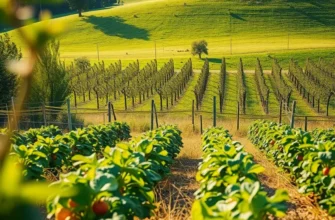 A radiant sunlit landscape filled with vibrant organic vegetables and fruits under soft lighting.
