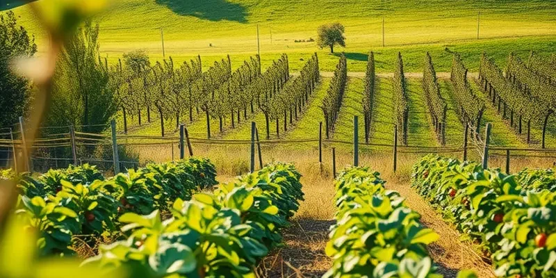 A radiant sunlit landscape filled with vibrant organic vegetables and fruits under soft lighting.